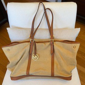 Michael Kors Large Straw and Brown Leather Tote Bag Purse